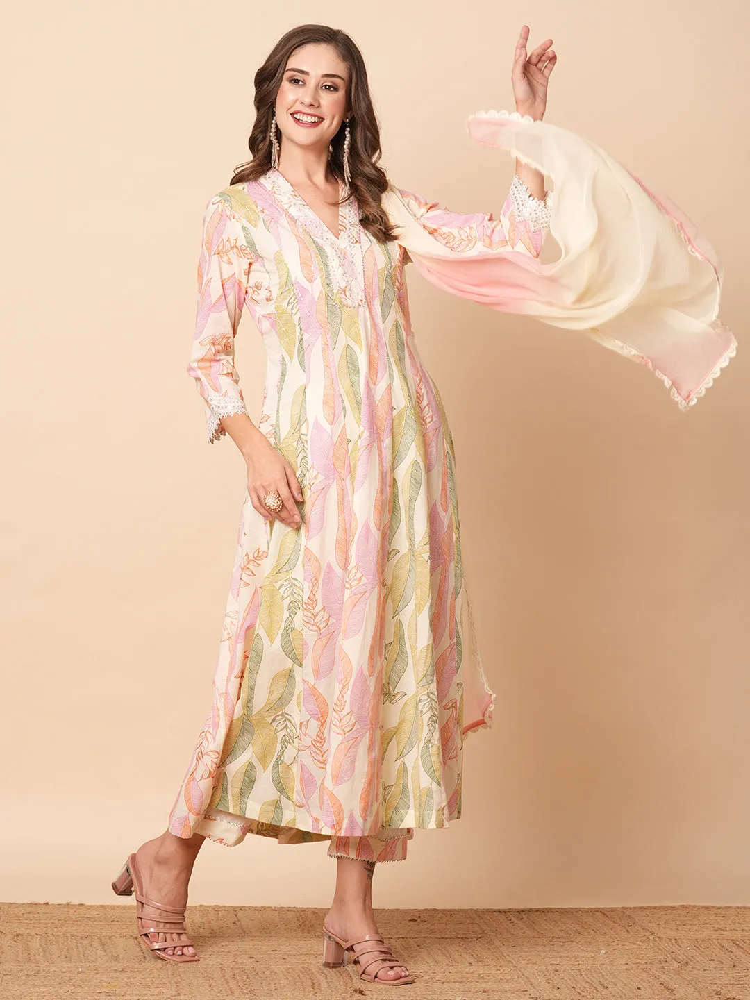 Abstract Floral Printed & Embroidered Anarkali Kurta with Pant & Dupatta - Off White