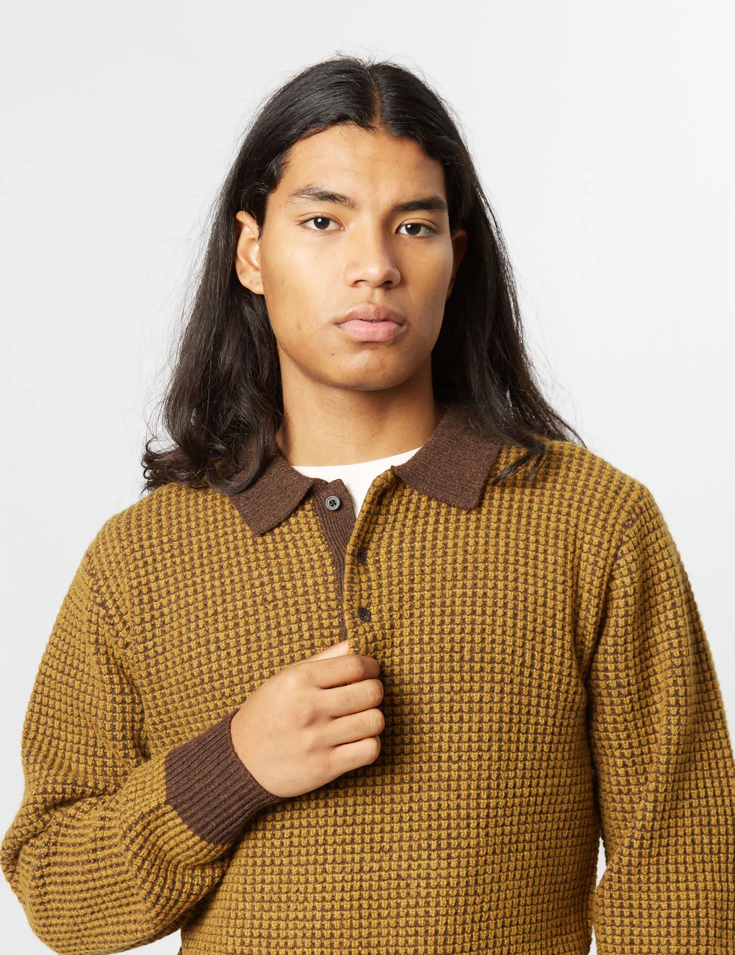 Beams Plus Knit Polo (Crochet) - Brown/Mustard