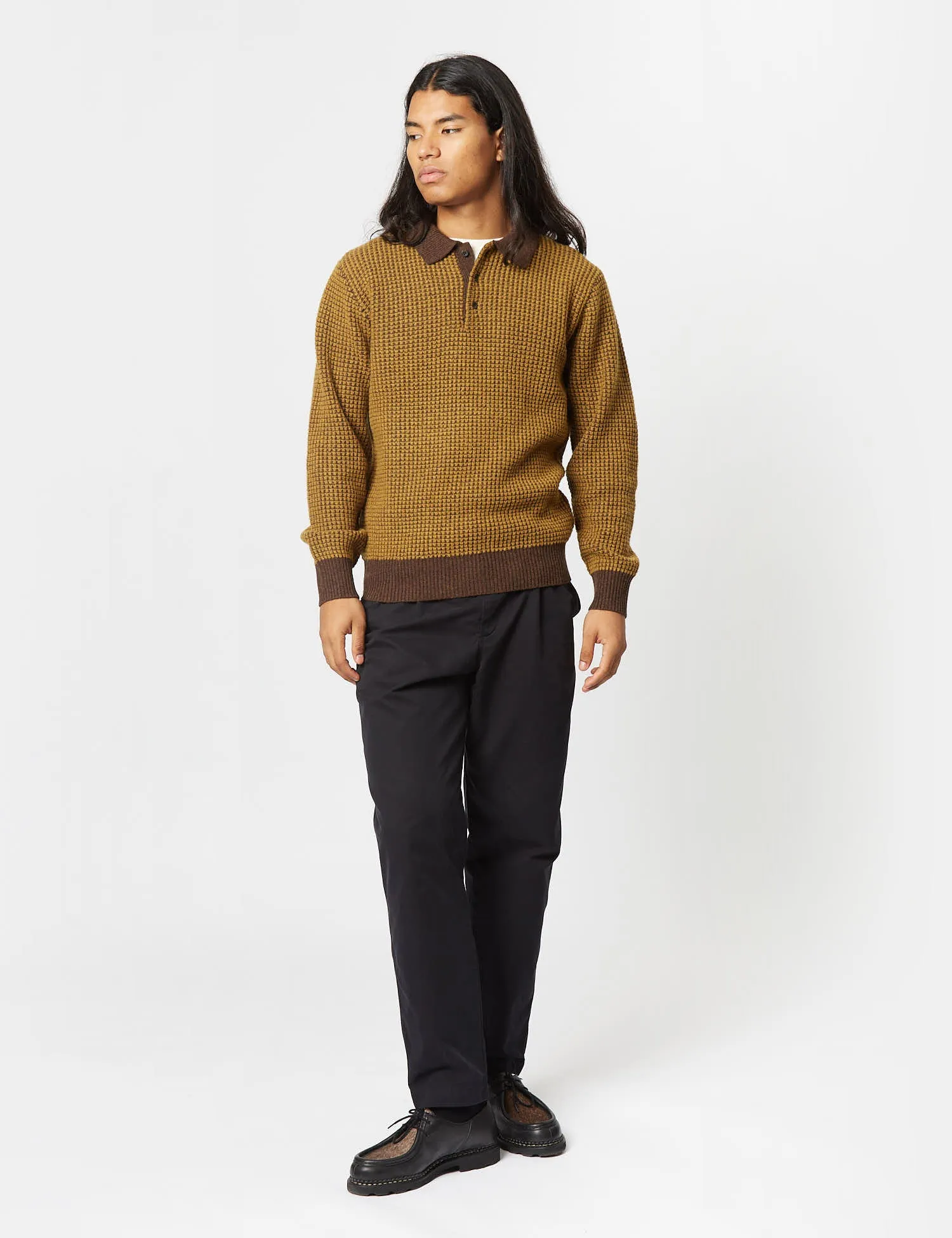 Beams Plus Knit Polo (Crochet) - Brown/Mustard