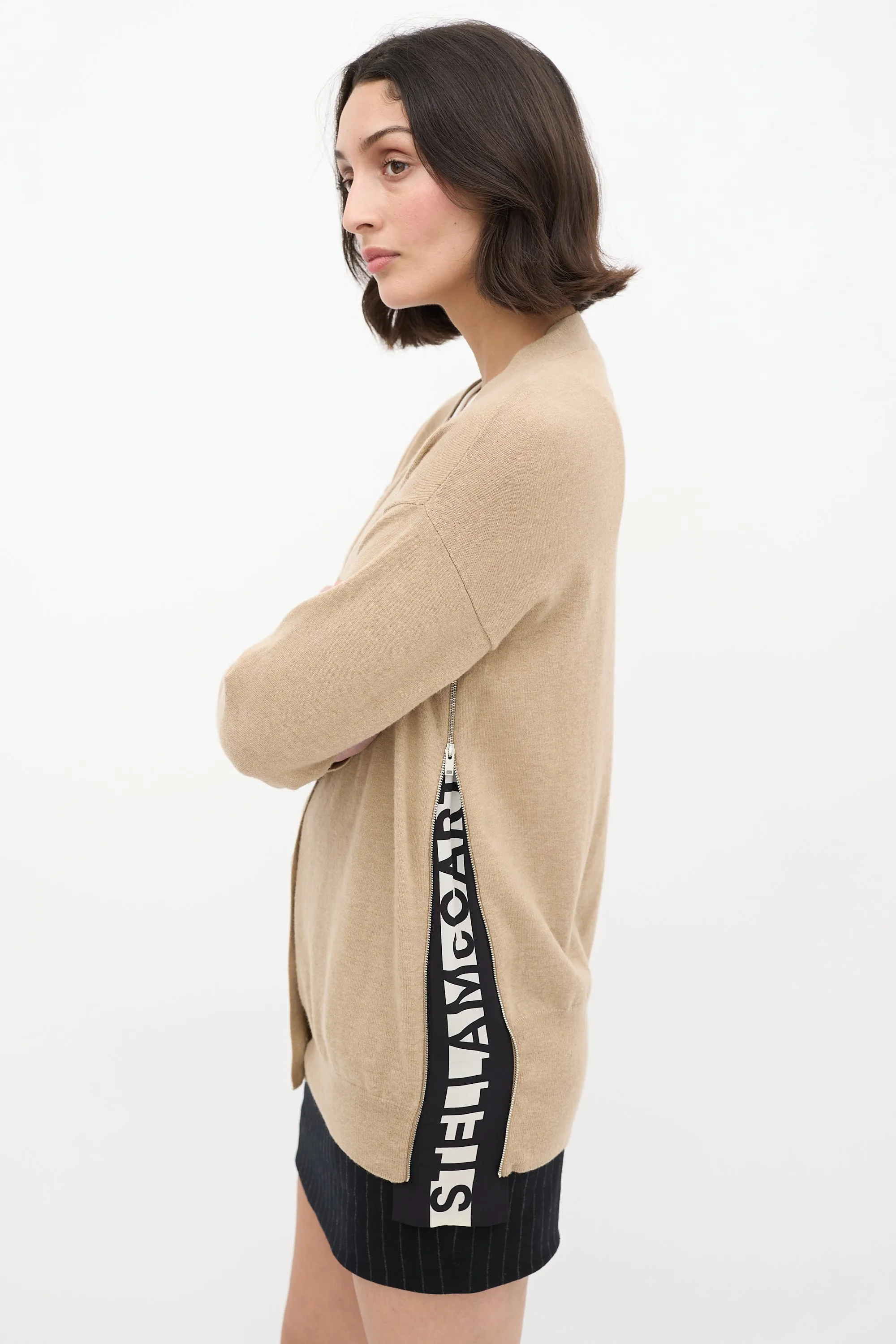 Beige Wool & Silk Logo Cardigan