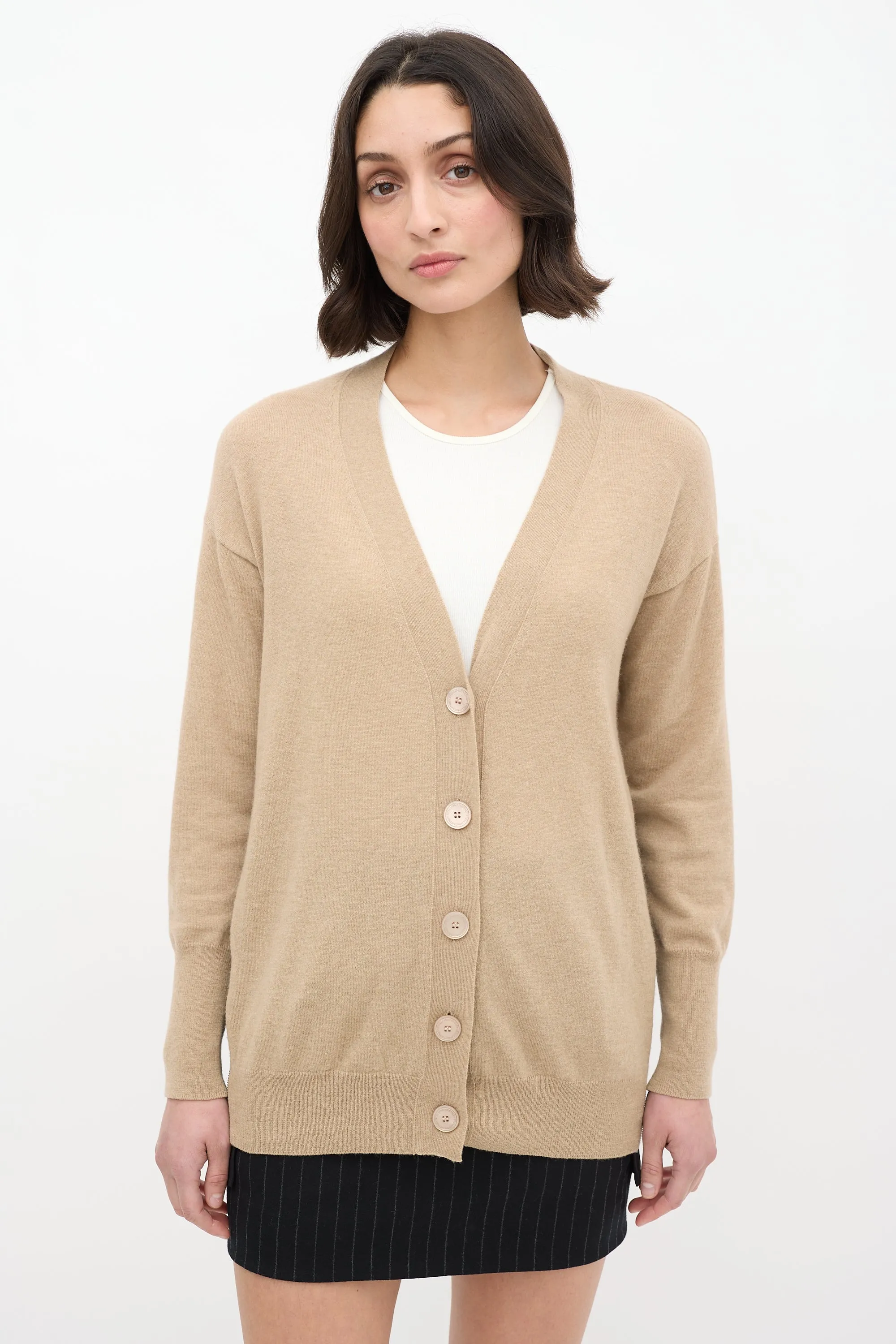 Beige Wool & Silk Logo Cardigan