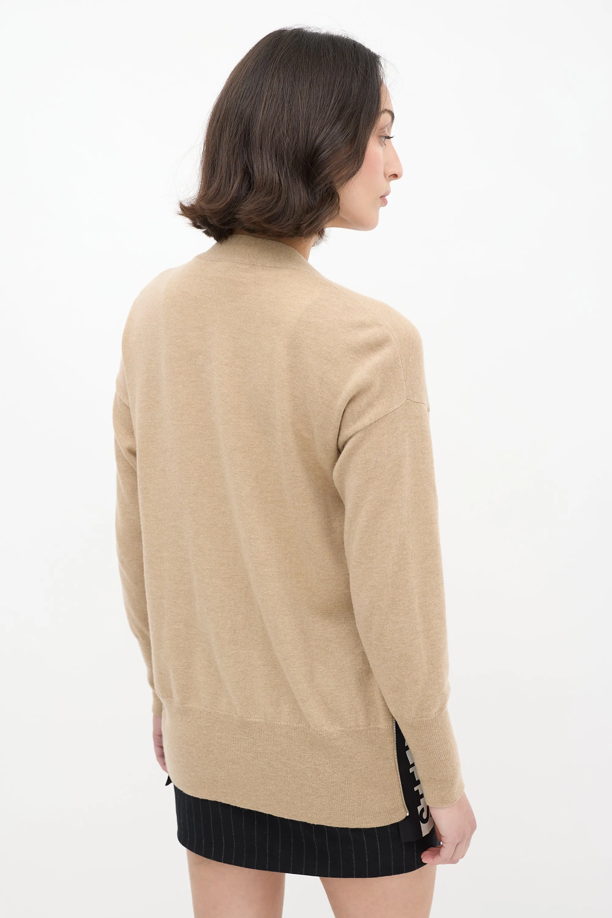 Beige Wool & Silk Logo Cardigan