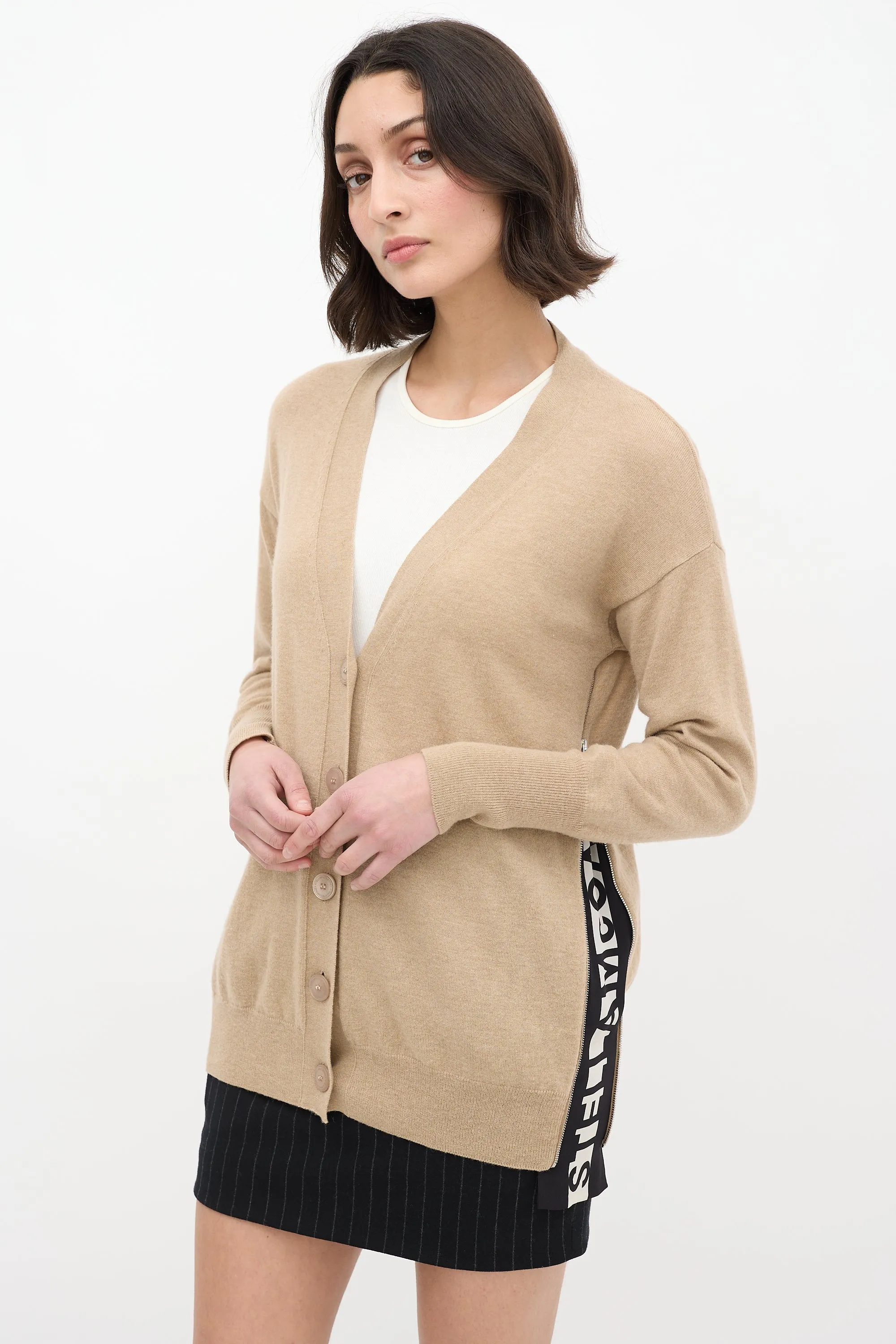 Beige Wool & Silk Logo Cardigan