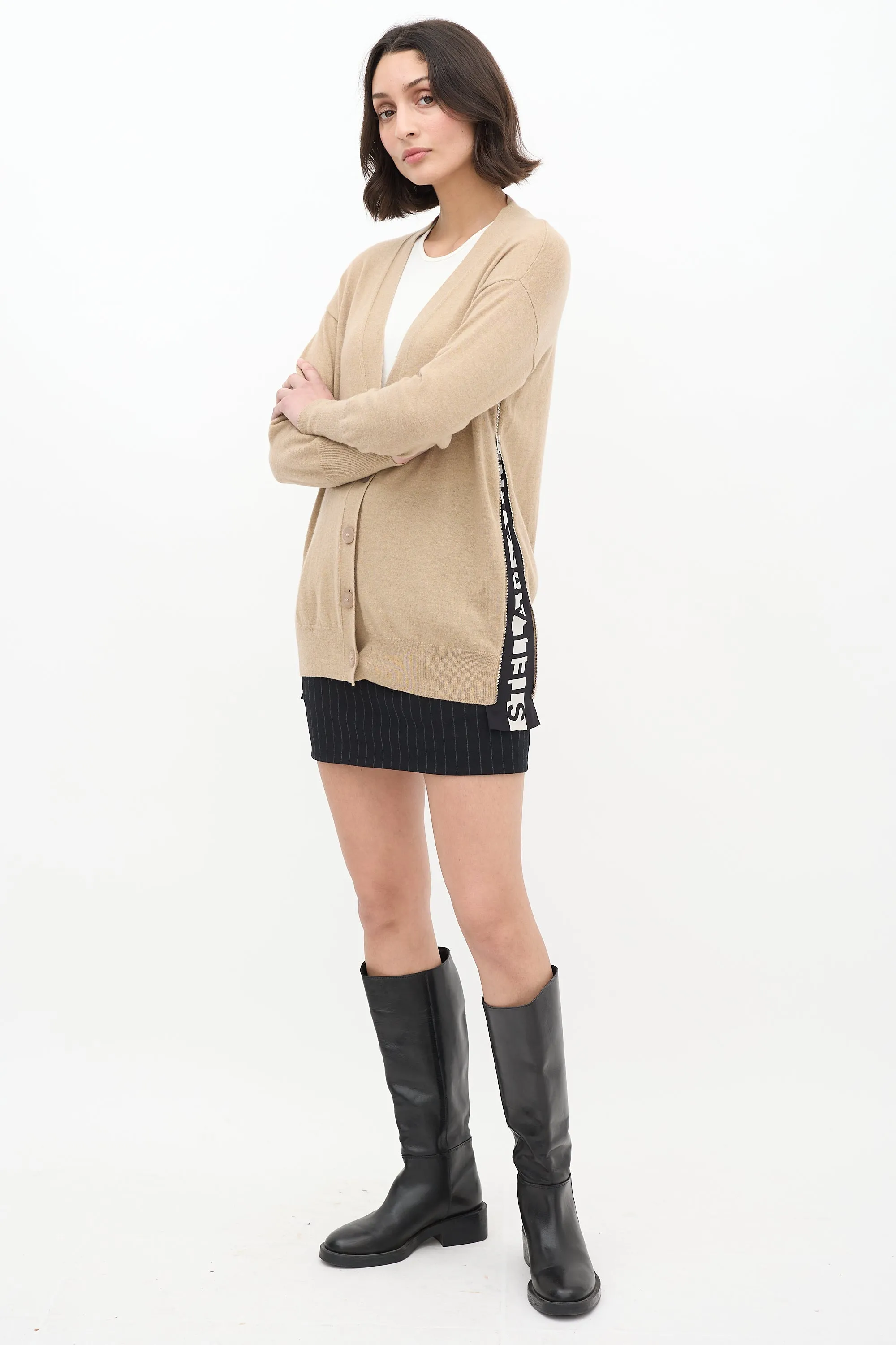 Beige Wool & Silk Logo Cardigan