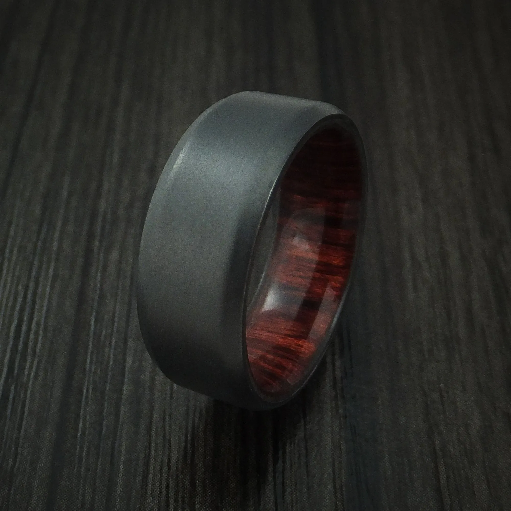 Black Zirconium and Red Heart Wood Hard Wood Sleeve Men's Ring Custom Made