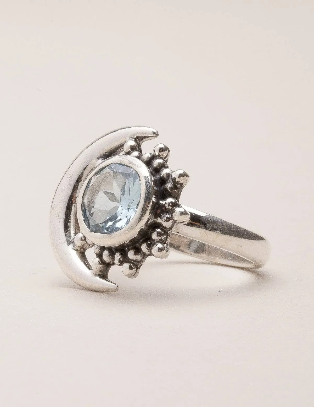 Blue Topaz Silver Moon Ring - Size 7