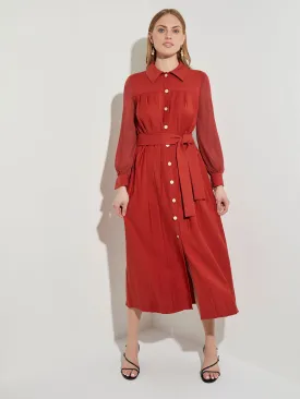 Button-Front Tie-Waist Woven Midi Dress