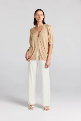 Cashmere Silk Short Sleeve Cardigan - Camel/Cream Tipping