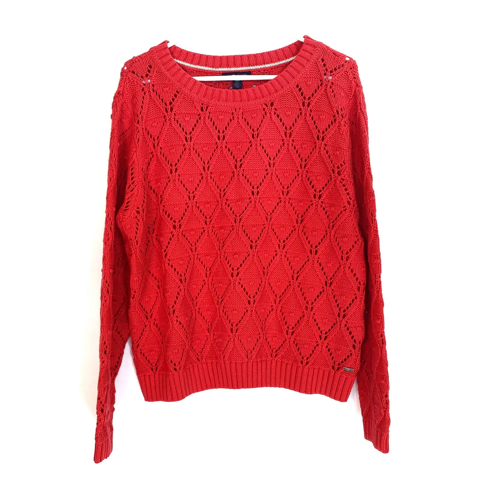 Cozy Tommy Hilfiger Red Crocheted Knitted Sweater XL - Durable, Chic