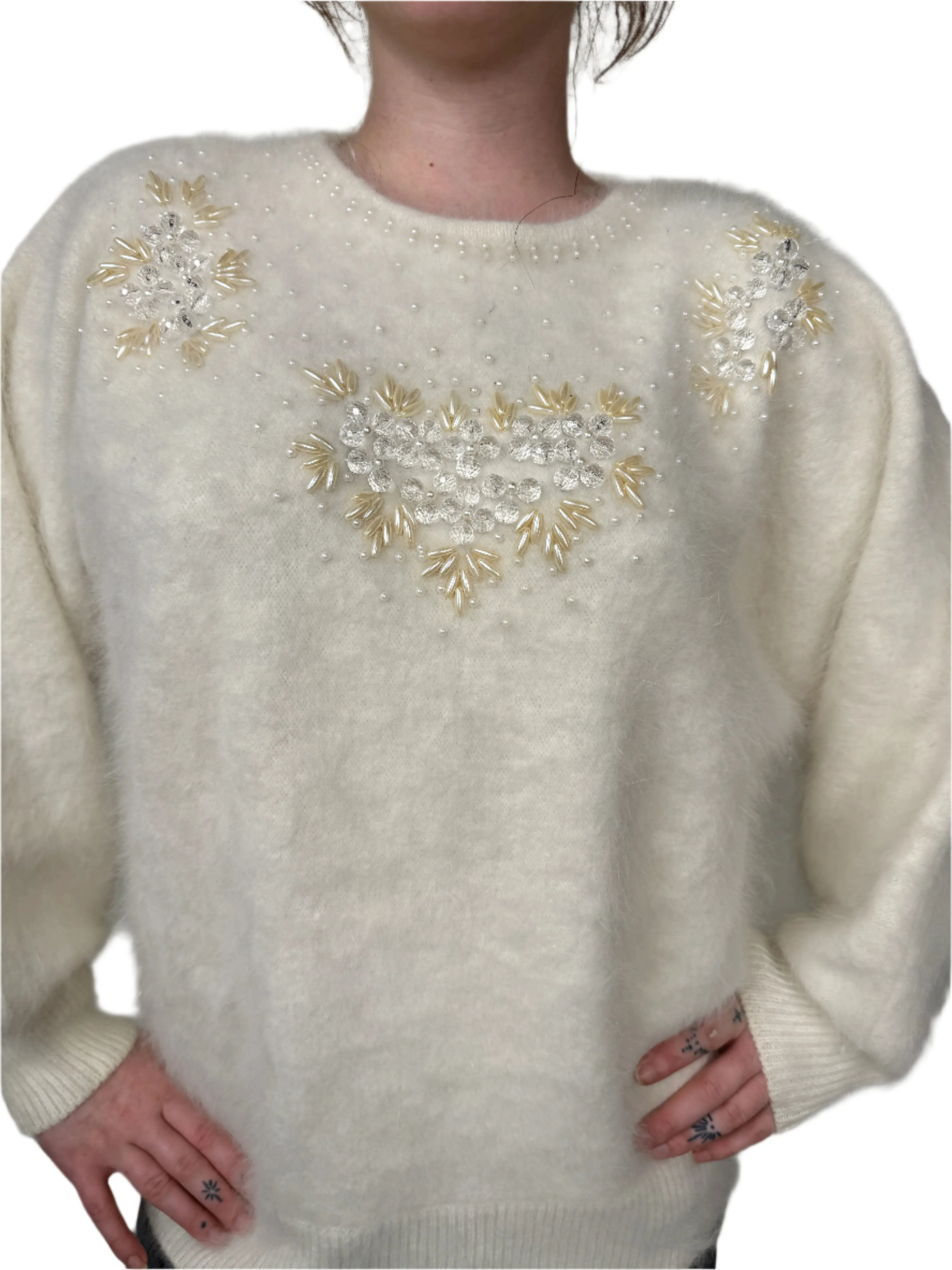 Cream Mohair Beaded Sweater 1980s