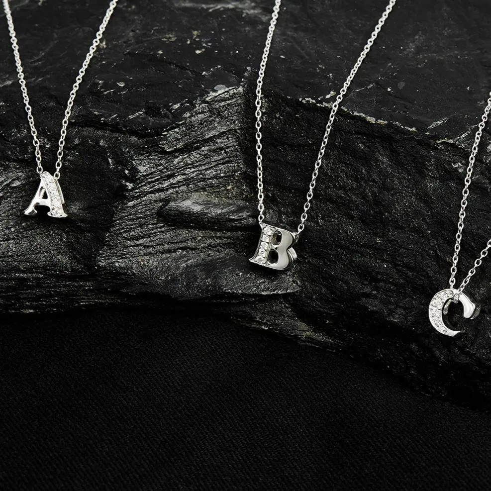 Diamond Initial Letter Pendant Necklace Silver L