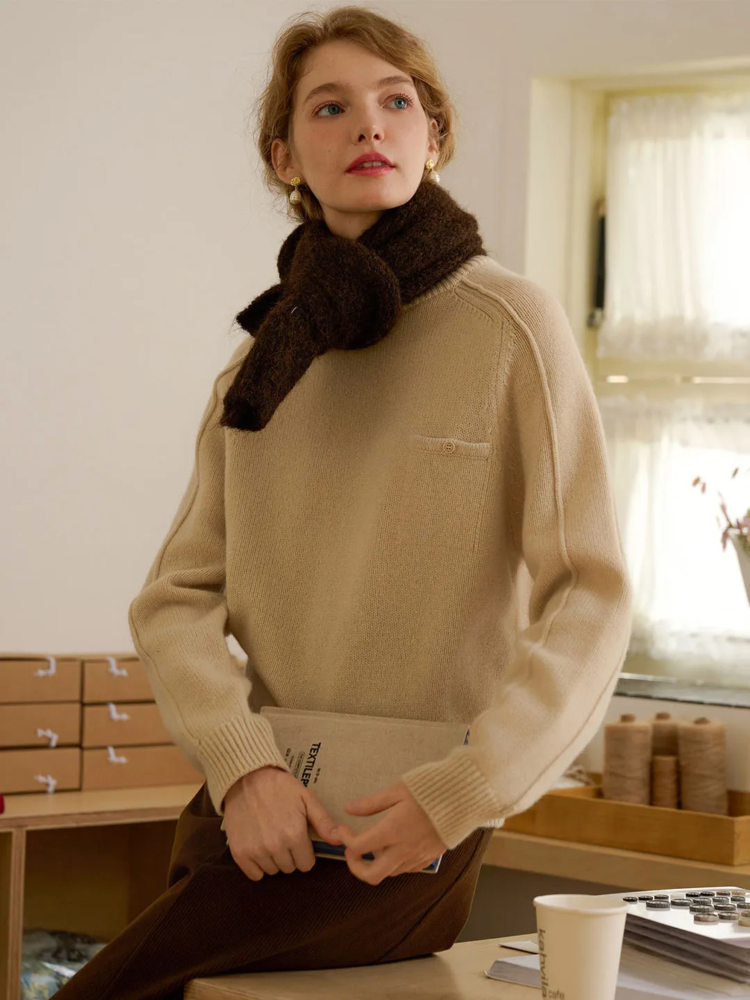 【Final Sale】Natalie Solid Raglan Sleeve Pocket Patched 100% Wool Sweater