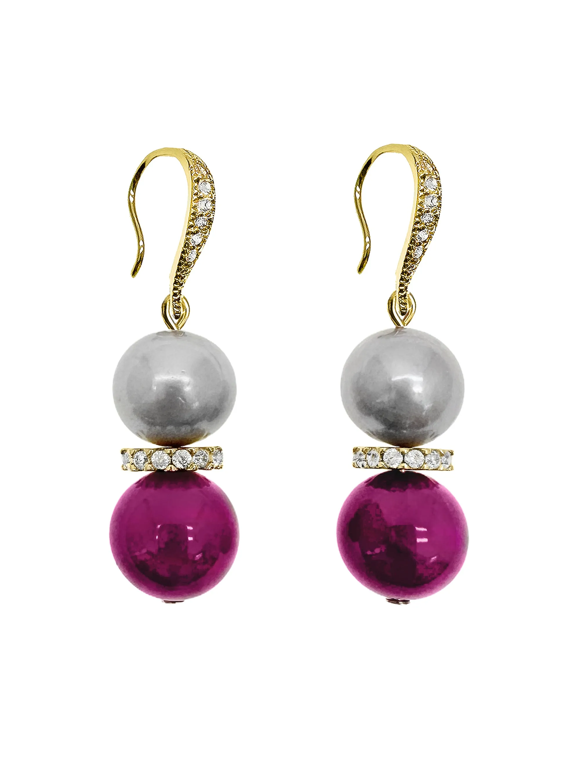 Gray Freshwater Pearls with Magenta Gemstone Earrings LE012