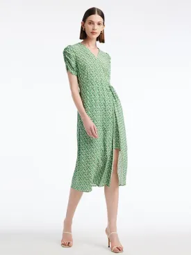 Green Printed V-Neck Midi Dress