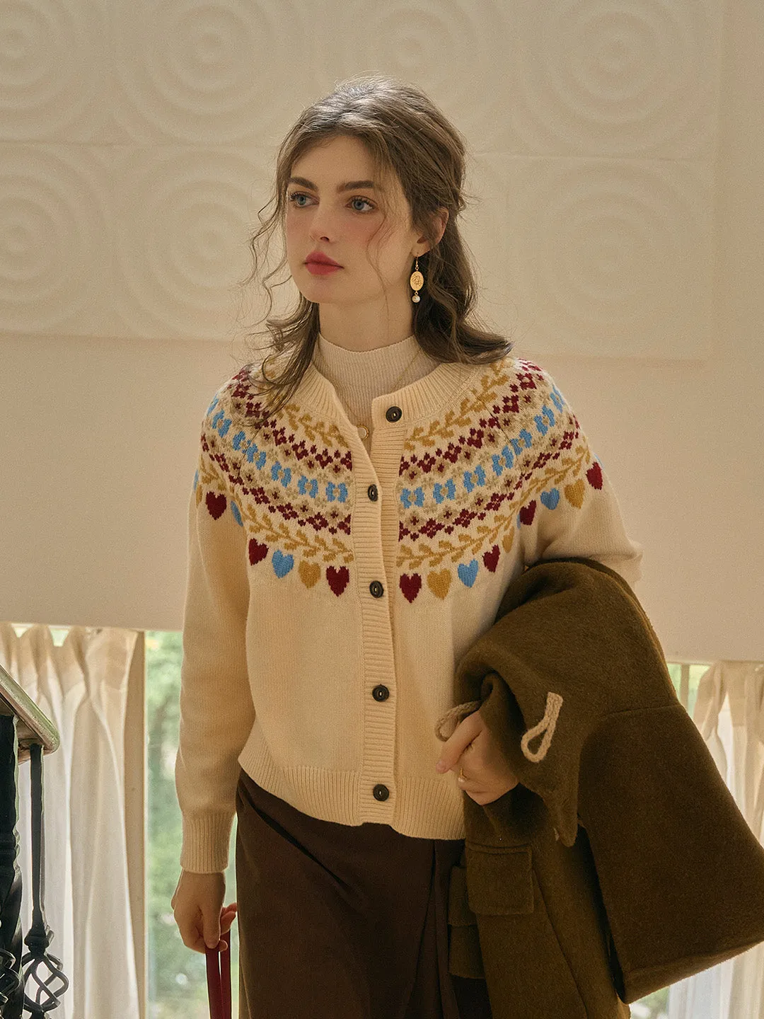 Jessie Classic Crew Collar SR Exclusive Design Fair Isle Cardigan-Apricot