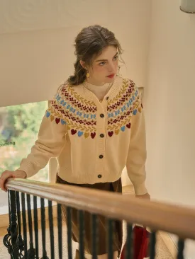 Jessie Classic Crew Collar SR Exclusive Design Fair Isle Cardigan-Apricot