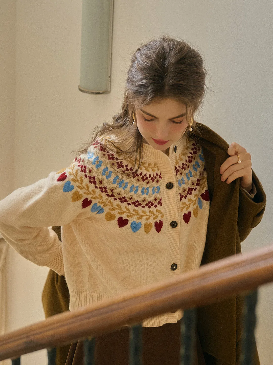 Jessie Classic Crew Collar SR Exclusive Design Fair Isle Cardigan-Apricot