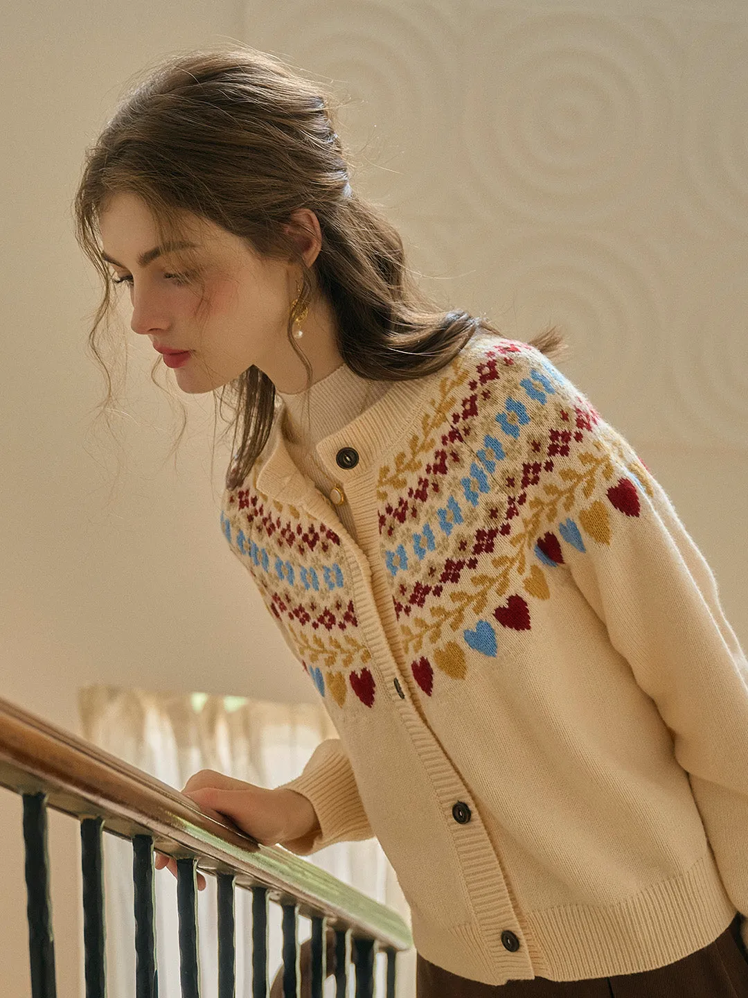 Jessie Classic Crew Collar SR Exclusive Design Fair Isle Cardigan-Apricot