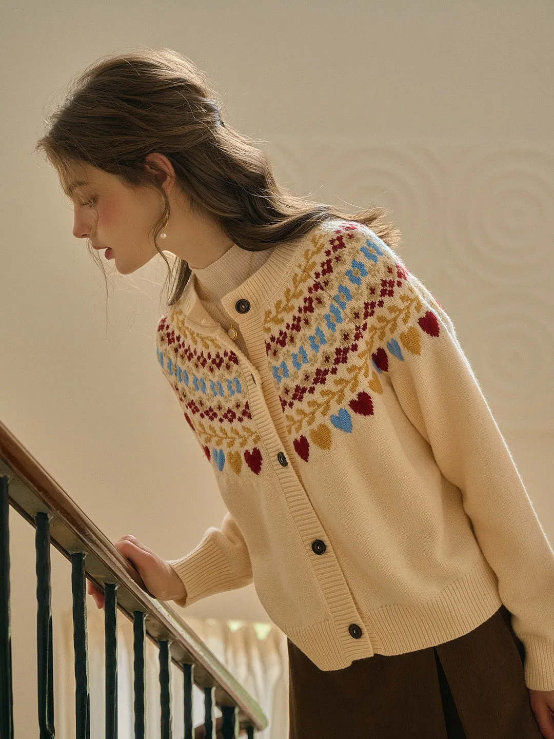 Jessie Classic Crew Collar SR Exclusive Design Fair Isle Cardigan-Apricot