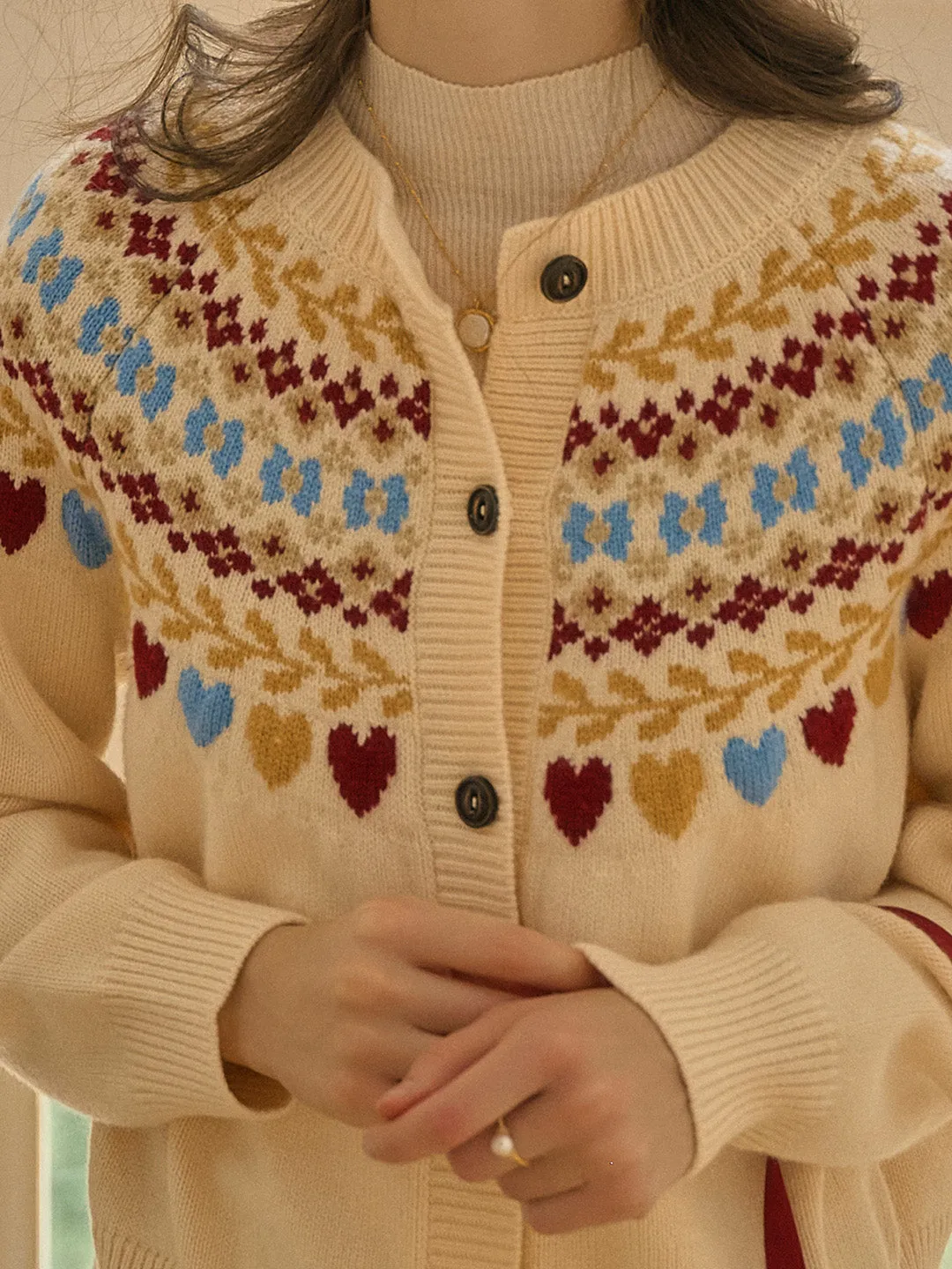 Jessie Classic Crew Collar SR Exclusive Design Fair Isle Cardigan-Apricot