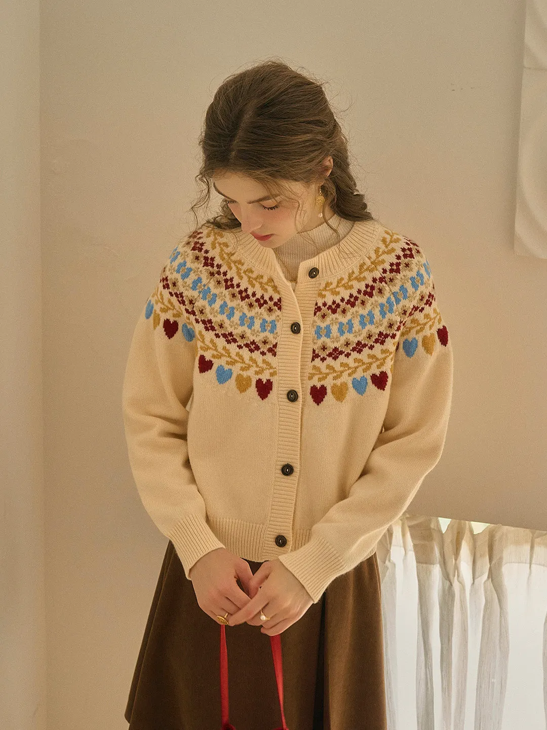 Jessie Classic Crew Collar SR Exclusive Design Fair Isle Cardigan-Apricot