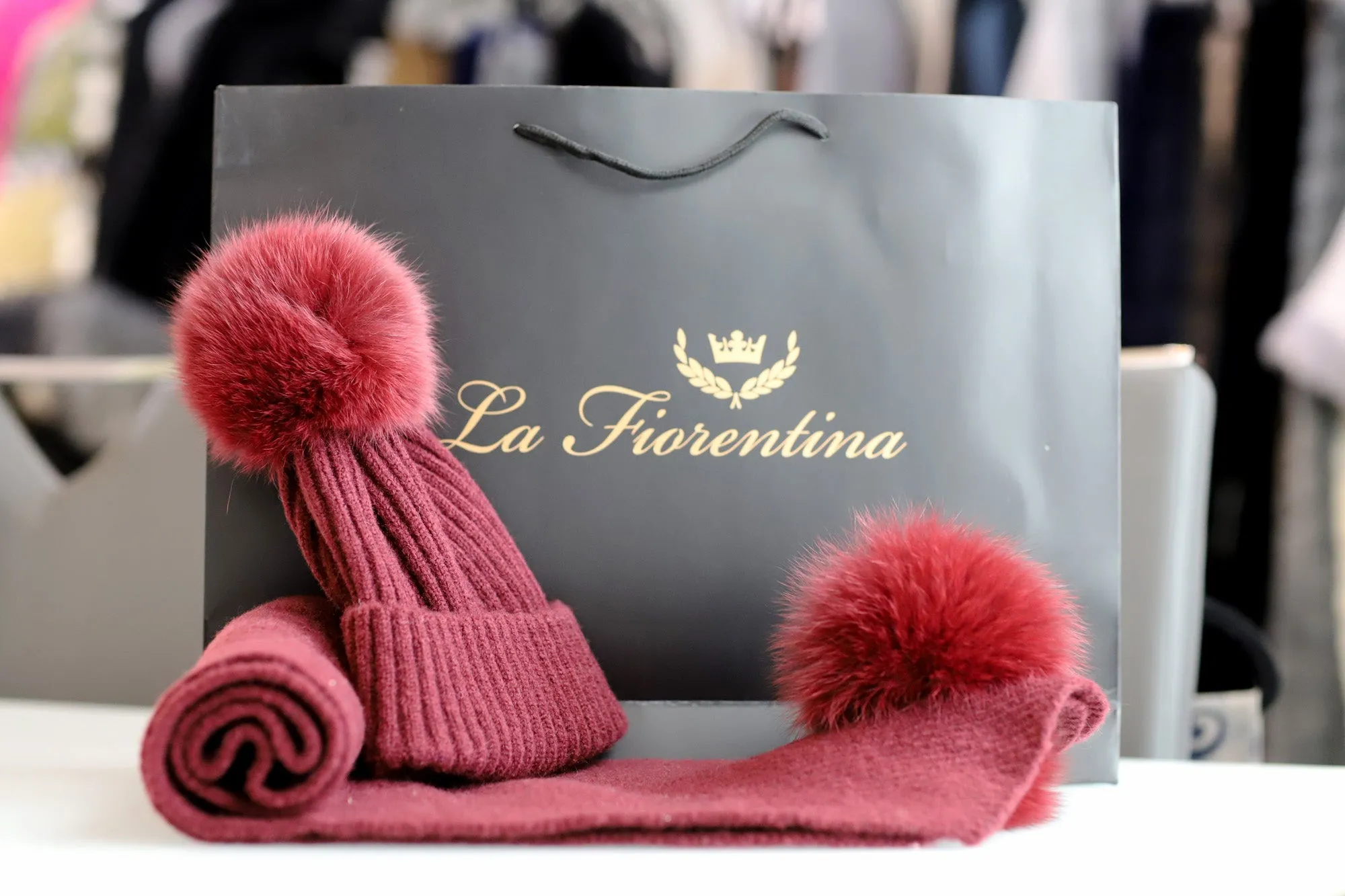 La Fiorentina Scarf and Hat Set with Fox Fur Pom - Perfect Holiday Gift