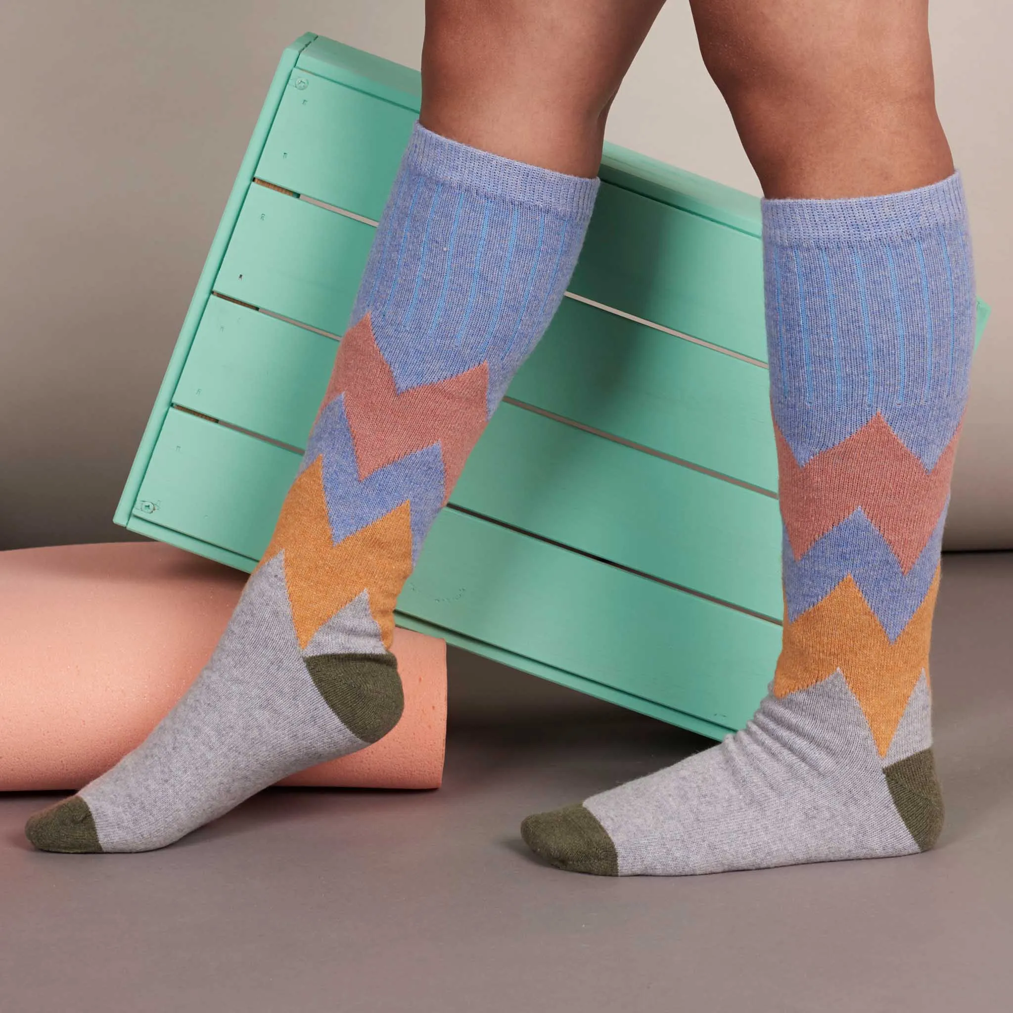 Ladies Blue & Peach ZigZag Lambswool Knee Socks