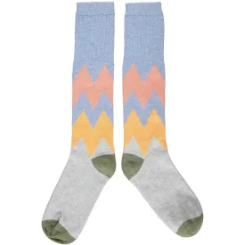 Ladies Blue & Peach ZigZag Lambswool Knee Socks