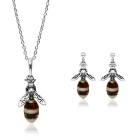 Sterling Silver Amber Bee Pendant & Earring Set