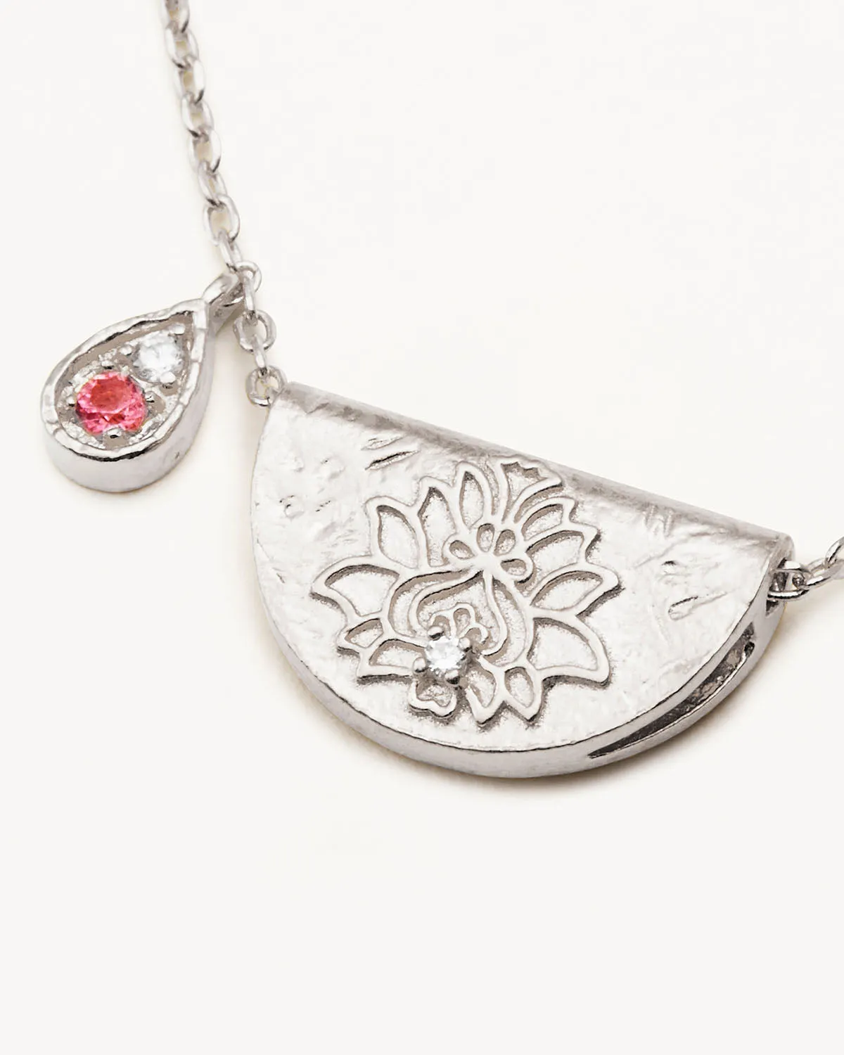 Sterling Silver Lotus Birthstone Necklace - October - Pink Tourmaline