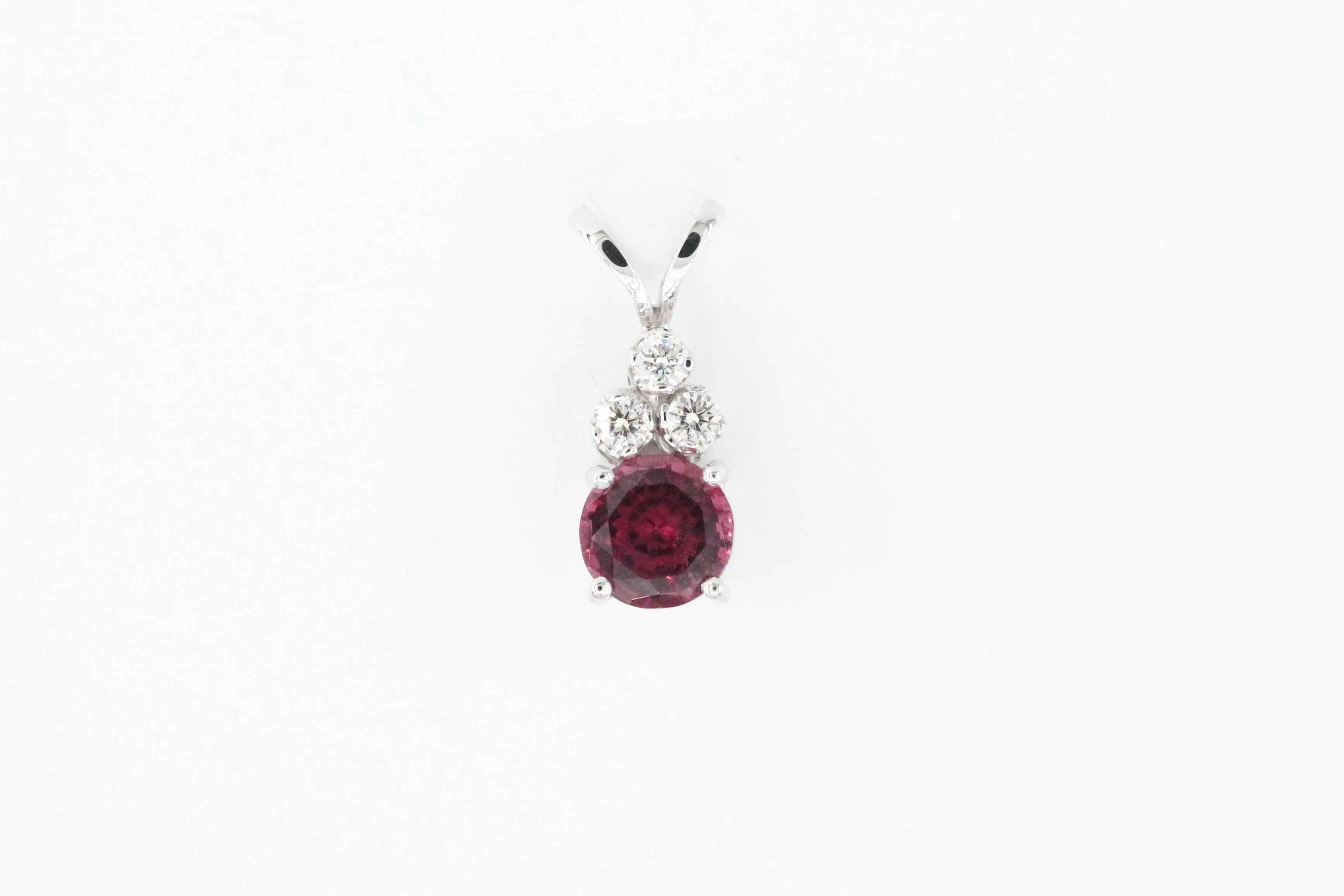 White Gold Round Dark Pink Tourmaline Pendant with Diamonds